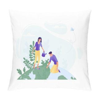 Personality  Little People Plant Trees Together On The Big Planet - Save The Planet, Happy Earth Day, Save Energy, Ecology, World Environment Day Concept. Flat Concept Vector Illustration For Web, Landing Page Pillow Covers