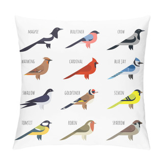 Personality  Vector Set Of Colorful Bird Icons. Cardinal, Magpie, Sparrow Pillow Covers