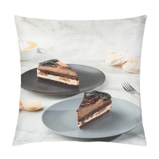 Personality  Banana Chocolate Cake On Gray Plate On Marble Background. Selective Focus. Vertical Photo. Menu For Bakery. Cafe Menu. Pastry. Delicious And Sweet Dessert At Cafe Restaurant. Pillow Covers