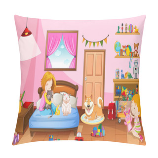 Personality  Cute Girls Playing With Their Toys In The Pink Bedroom Scene Illustration Pillow Covers