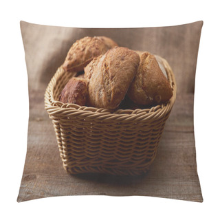 Personality  Fresh Baked Buns In Wicker Basket On Wooden Table With Sackcloth On Background Pillow Covers