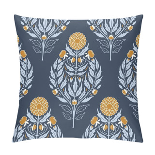 Personality  Stylized Dahlias Floral Damask In Cozy Colors. Soft Orange Flowers Motif, Blue-gray Leaves On Navy Background. Cozy Classic Hues For Creating A Comfortable Environment Paper Printed Or Digital Realm. Pillow Covers