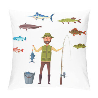 Personality  Fisher Man, Fish Catch Of Isolated Vector Fishes Pillow Covers