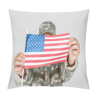 Personality  Obscured View Of Kid In Camouflage Clothing Showing American Flagpole In Hands Isolated On Grey Pillow Covers