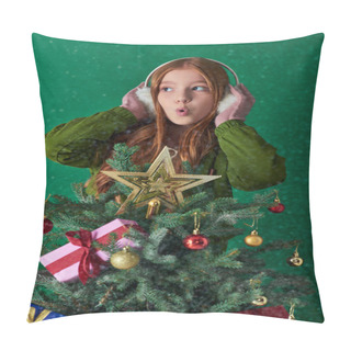 Personality  Holiday Spirit, Surprised Girl In Ear Muffs Hugging Decorated Christmas Tree On Turquoise Backdrop Pillow Covers