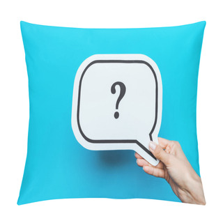 Personality  Cropped View Of Woman Holding White Speech Bubble With Question Mark On Blue Pillow Covers