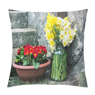 Personality  Red Primroses And Cut Yellow Daffodils - Spring Still Life Pillow Covers