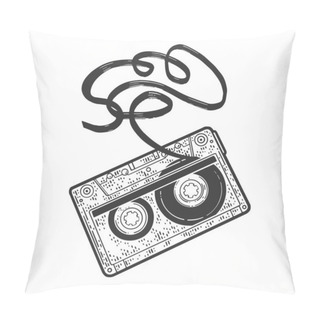 Personality  Cassette Tape With Tangled Torn Tape Sketch Engraving Vector Illustration. T-shirt Apparel Print Design. Scratch Board Imitation. Black And White Hand Drawn Image. Pillow Covers