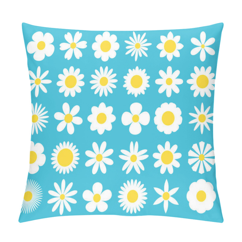 Personality  White Daisy Chamomile Icon. Camomile Super Big Set. Cute Round Flower Plant Nature Collection. Love Card Symbol. Decoration Element. Growing Concept. Flat Design. Blue Background. Isolated. Vector Pillow Covers