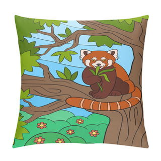 Personality  Cartoon Wild Animals. Little Cute Red Panda Eat Leaves. Pillow Covers
