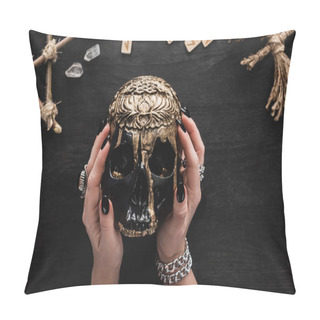 Personality  Top View Of Witch Holding Skull Near Runes, Crystals And Voodoo Doll On Black  Pillow Covers