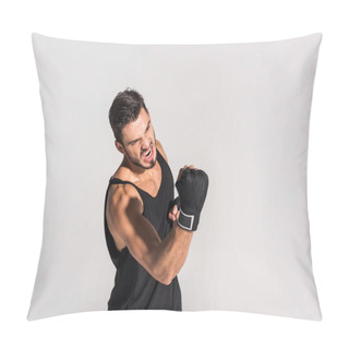Personality  Agressive Screaming Fighter Making Hit Isolated On Grey Pillow Covers