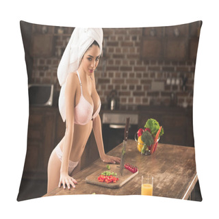 Personality  Sexy Young Woman In Lingerie Looking At Camera While Cooking At Home  Pillow Covers
