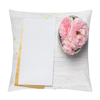 Personality  Blank Paper And Cute Pink Flowers On White Wooden Table Pillow Covers