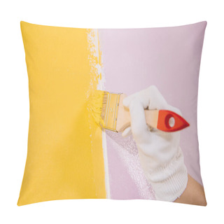 Personality  Partial View Of Painter Painting Wall In Yellow And Pink With Paintbrush Pillow Covers