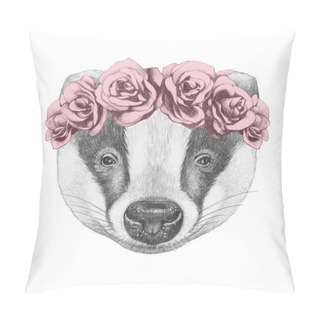 Personality  Portrait Of Badger With Floral Head Wreath Pillow Covers