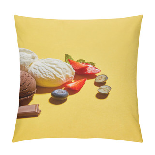 Personality  Tasty Brown And White Ice Cream With Berries, Chocolate And Mint On Yellow Background Pillow Covers