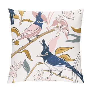 Personality  Botanical Print With Navy Parrot And Exotic Leaves. Tropical Birds Pardise  Pattern. Flowers And Leaves Foliage Texture. Hawaiian Background. Colorful Summer Art Pillow Covers