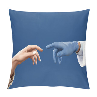 Personality  Connection Between Doctor And Patient. Hands Of Doctor In Sterile Glove And Female Patient Touching Each Other With Fingers. Isolated On Navy Blue Background Pillow Covers