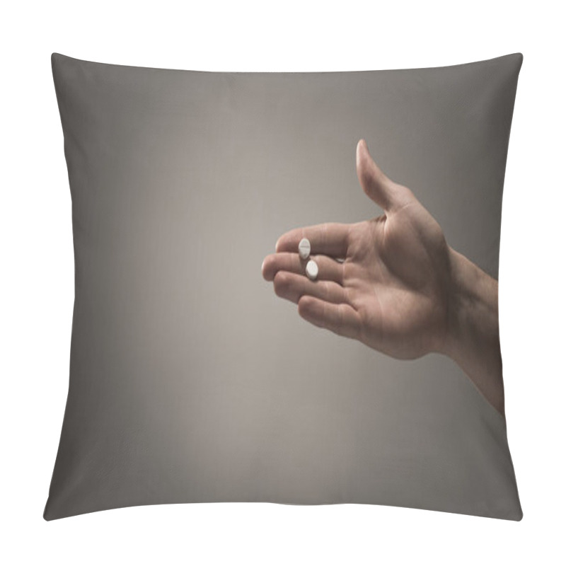 Personality  Cropped View Of Male Hand With Pillows On Grey Background Pillow Covers