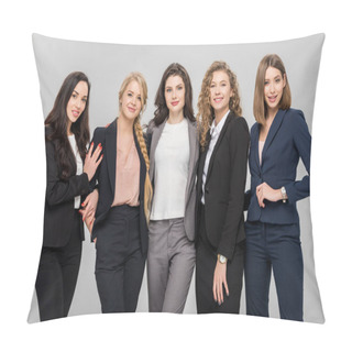 Personality  Beautiful Young Businesswomen Standing And Smiling Isolated On Grey Pillow Covers