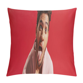 Personality  African American Man Pulling Pink Hoodie And Sticking Out Tongue While On Red Background, Banner Pillow Covers