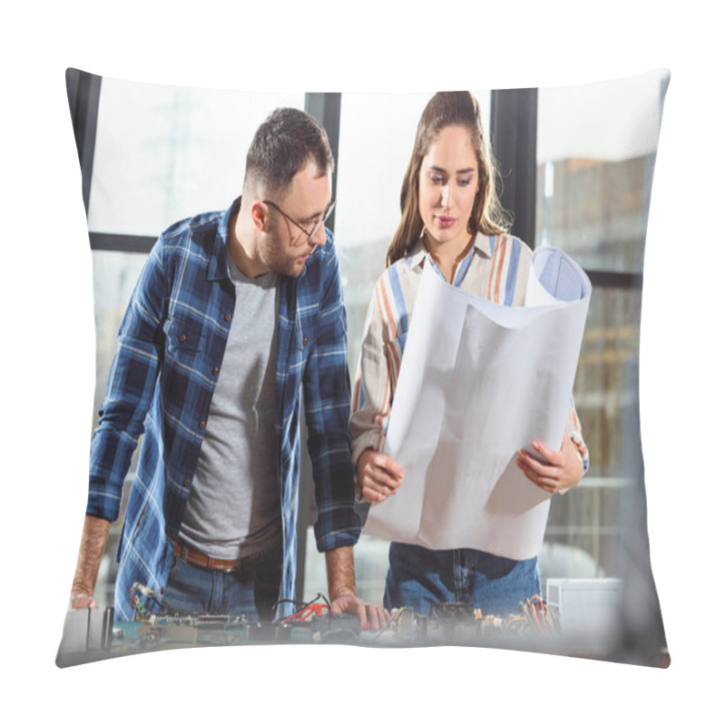 Personality  Woman Showing Project Blueprint To Male Engineer Pillow Covers