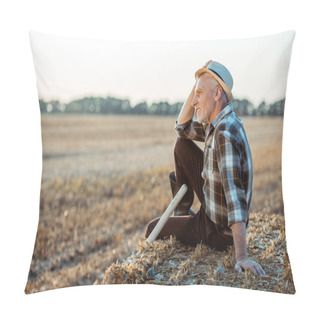 Personality  Cheerful Bearded Farmer Sitting On Bale Of Hay And Touching Straw Hat  Pillow Covers