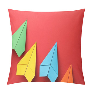 Personality  Handmade Colorful Paper Planes On Red Background, Flat Lay. Space For Text Pillow Covers
