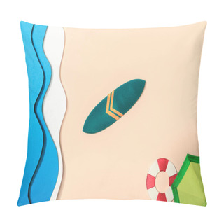 Personality  Top View Of Paper Beach With Summer Umbrella On Sand Near Ocean, Lifebuoy And Surfboard Pillow Covers