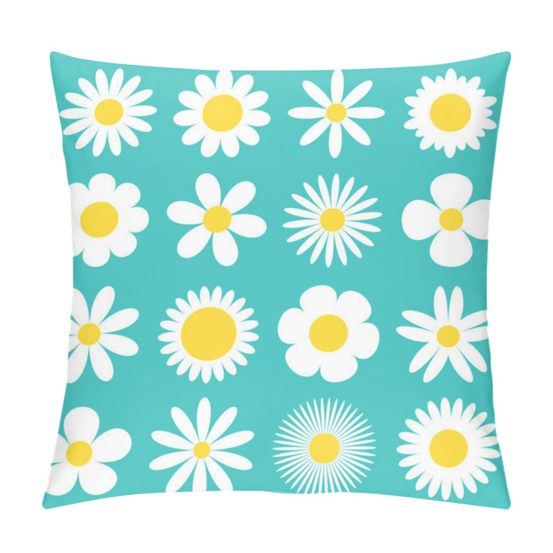 Personality  White daisy chamomile icon. Camomile super big set. Cute round flower head plant collection. Love card symbol. Growing concept. Flat design. Green background. Isolated. pillow covers