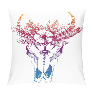Personality  Cow, Buffalo, Bull Skull In Tribal Style With Flowers. Bohemian, Boho Vector Illustration. Wild And Free Ethnic Gypsy Symbol. Pillow Covers