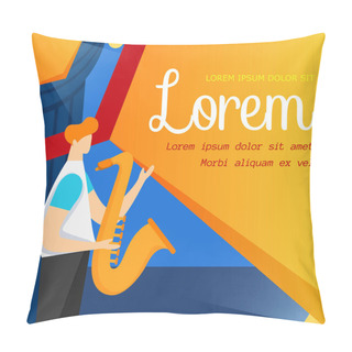 Personality  Young Man Standing On Stage With Saxophone Banner. Pillow Covers