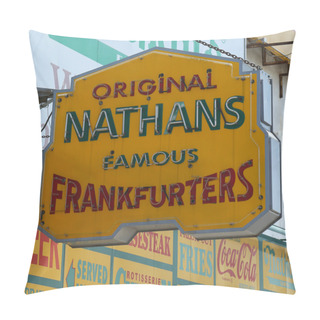 Personality  The Nathan's Original Restaurant Sign At Coney Island, New York. Pillow Covers