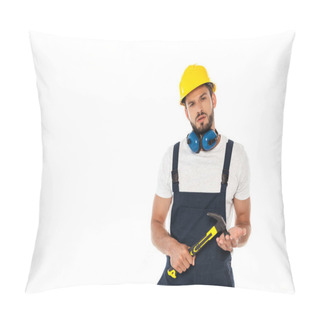 Personality  Handsome Workman In Uniform And Hardhat Holding Hammer And Looking At Camera Isolated On White Pillow Covers
