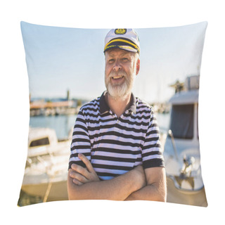 Personality  Mature Man Stands On Pier Dressed In A Sailor's Shirt And Hat. Pillow Covers
