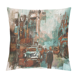 Personality  Man Walking In City Street With Abstract Painting Texture Pillow Covers