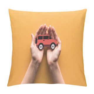 Personality  Partial View Of Woman Holding Paper Cut Car On Orange Background Pillow Covers