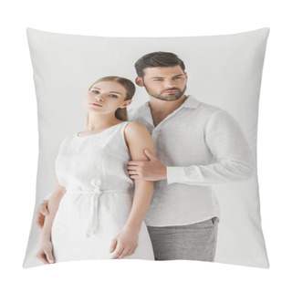 Personality  Handsome Man In Linen Clothes Embracing Girlfriend Isolated On Grey Background Pillow Covers