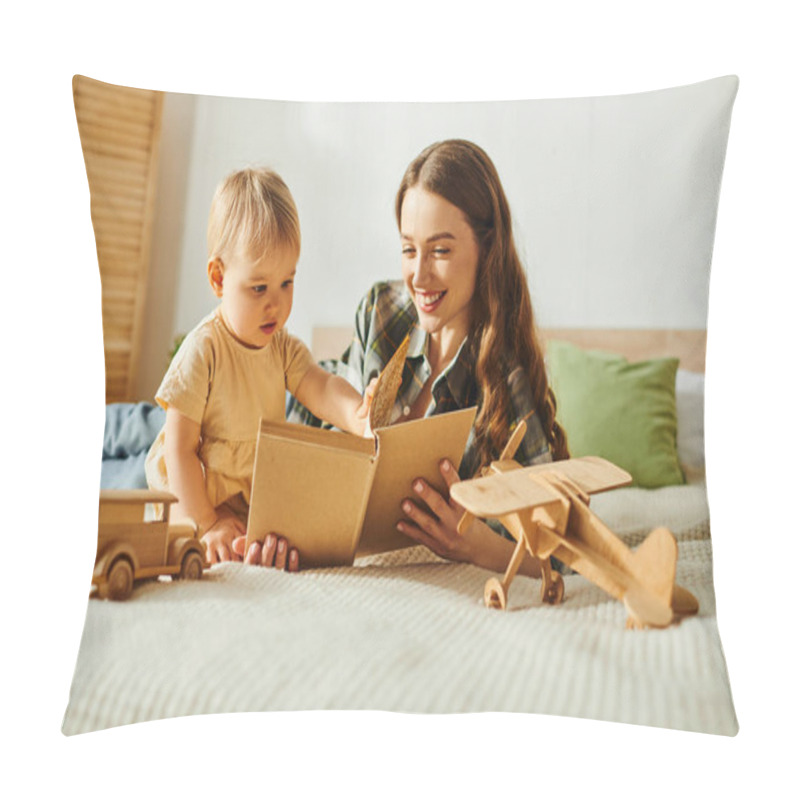 Personality  A Young Mother Reads A Book To Her Toddler Daughter, Creating A Magical Moment Of Love And Connection On A Cozy Bed. Pillow Covers