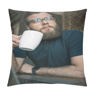 Personality  Young Bearded Man Drinking Coffee Pillow Covers