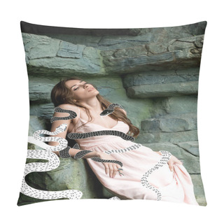 Personality  Young Seductive Woman With Snakes Pillow Covers