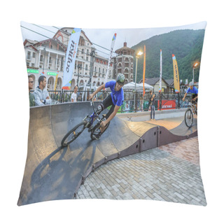 Personality  Sochi, Russia - July 11, 2015: Sportsmen Bikers On Outdoor Pump Track At Gorky Gorod Mountain Resort. Bike Riders Run Pursuit Race Pillow Covers