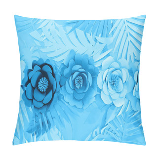 Personality  Flat Lay With Paper Cut Leaves And Flowers On Blue  Background Pillow Covers