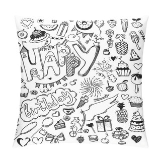 Personality  Doodle Hand Drawn Sketch, Set Of Happy Birthday Design Elements. Fruit, Cake, Balloons, Holiday Decorations. Pillow Covers