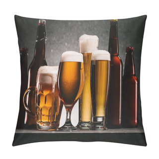 Personality  Close Up View Of Bottles And Mugs Of Beer With Froth On Grey Background Pillow Covers