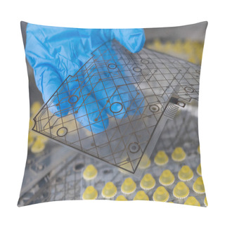 Personality  Transparent Flexible Circuit Board Detail With Printed Copper Layer In Line Grid Pattern. Engineer Hand Holding Bent Plastic Electronic FPC Of Computer Keyboard Inner Membrane. Electrical Engineering. Pillow Covers