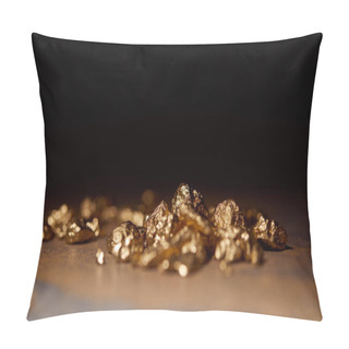 Personality  Selective Focus Of Golden Stones On Grey And Brown Marble Surface With Blurred Black Background Pillow Covers