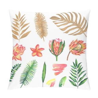 Personality  Watercolor Set Of Vintage Floral Tropical Natural Elements. Exotic Flowers, Botanical Bright Classic Nature Collection Isolated On White Background. Pillow Covers