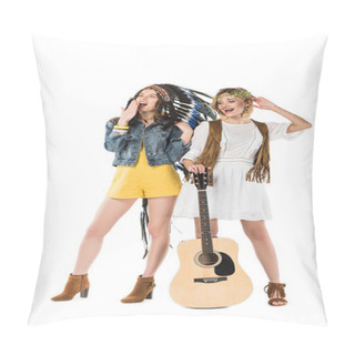 Personality  Full Length View Of Two Bisexual Hippie Girls In Indian Headdress And Wreath With Acoustic Guitar Isolated On White Pillow Covers